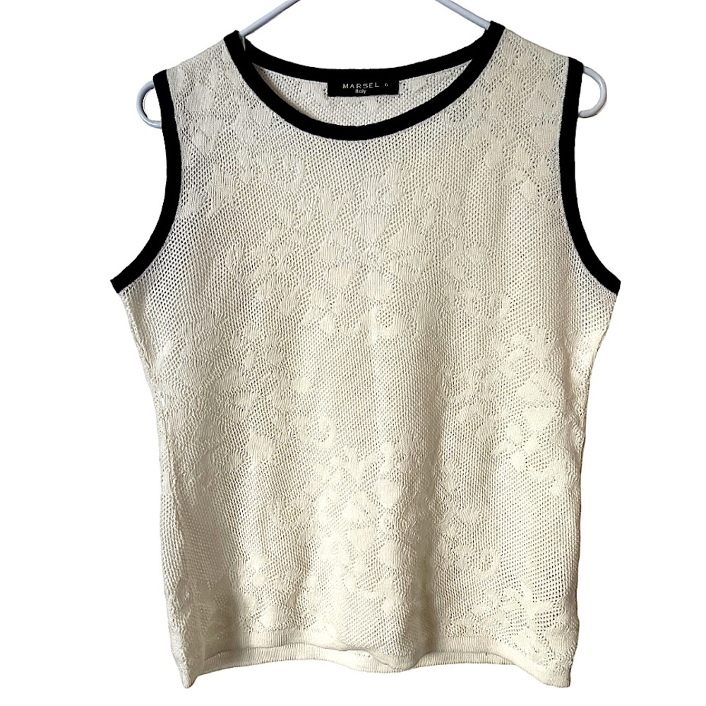 Marsel Italy Semi-Sheer Ivory Lace Tank with Black Trim 6